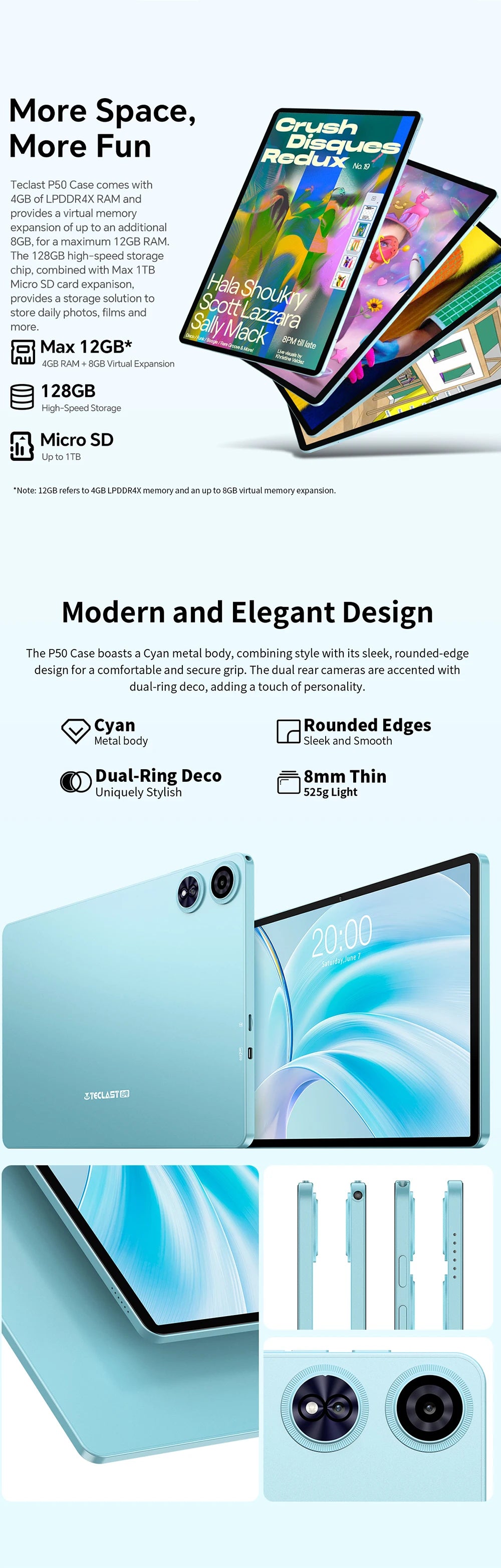 Teclast Tablet P50 Case Android 15 11" T606 8-Core Max 12GB RAM 128GB ROM P50 Case/Keyboard/Mouse/Stylus/Headphone/Stand