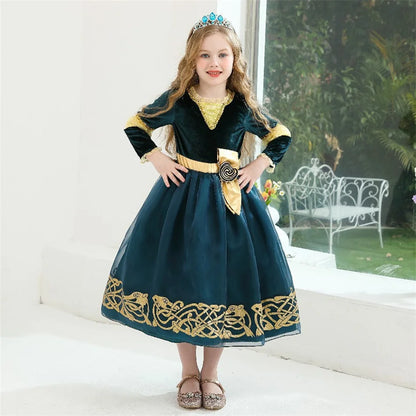 Girls Merida Cosplay Princess Dress Children Stage Performance Clothes Kids Halloween Carnival Party Long Sleeves Outfits