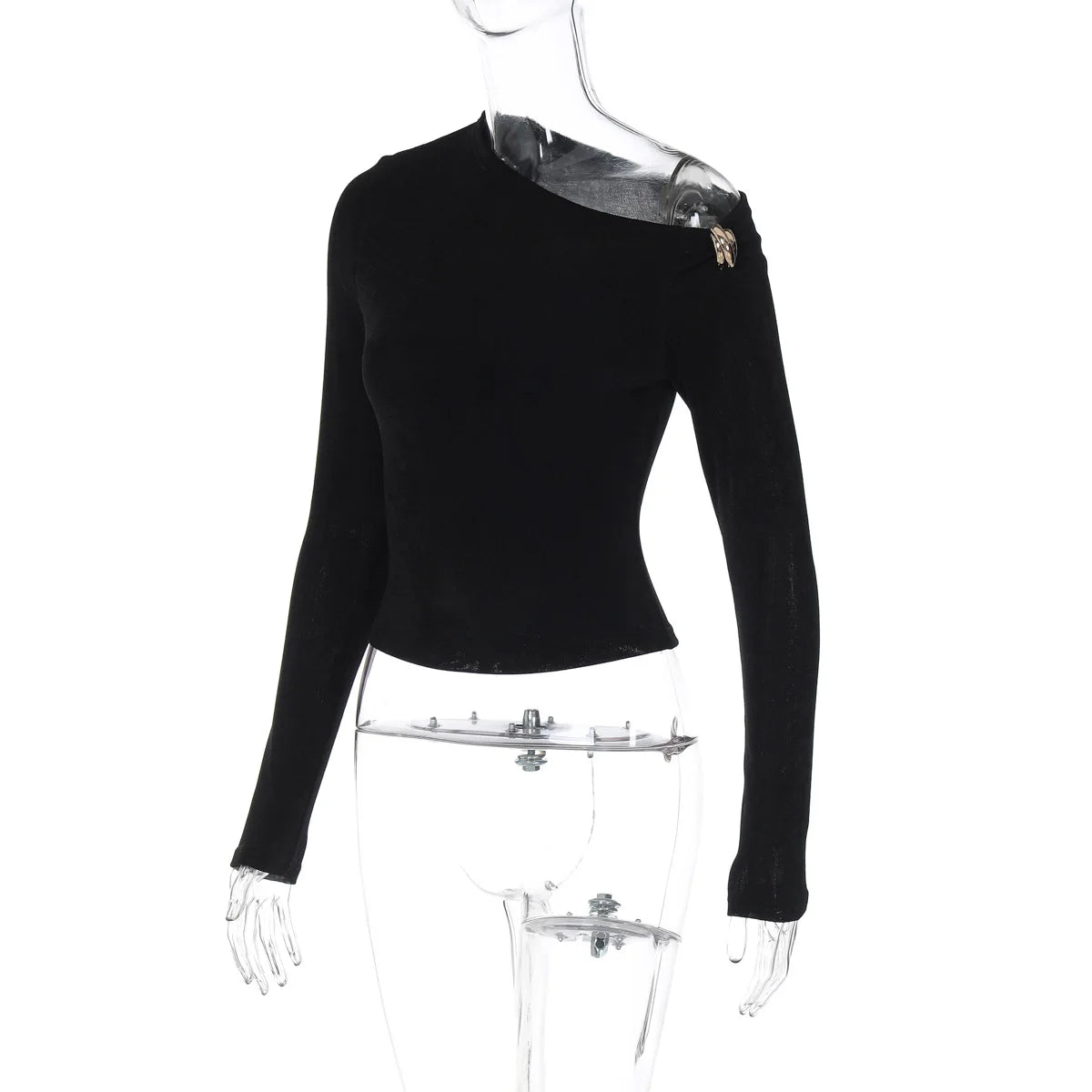 Cryptographic Autumn Casual Basic Asymmetrical Top Women Elegant Solid Long Sleeve Pullovers Black Top Y2K Slim Vintage Clothes.