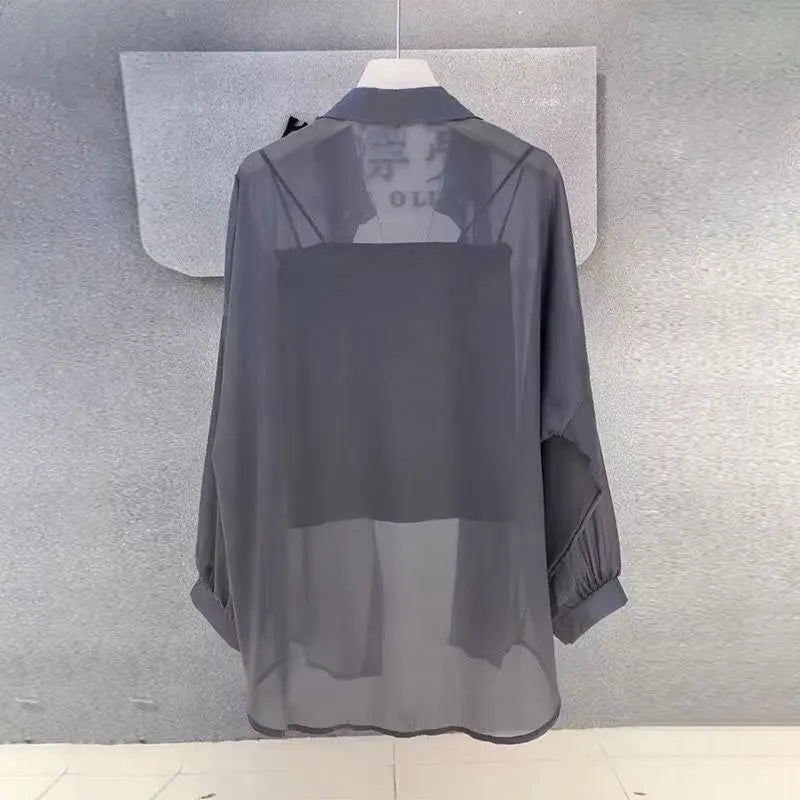 Sheer Chiffon Shirt Women's Casual UV Resistant Cardigan Summer Thin Commuting Coat Japanese Fashion Mesh Sunscreen Clothing Y2k.