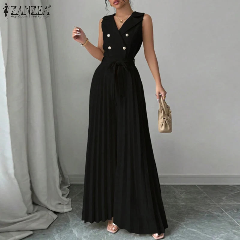 Fashion Women Jumpsuits 2025 ZANZEA Summer Rompers Elegant Wide Leg Work OL Overalls V Neck Sleeveless Pleated Playsuit Trousers.
