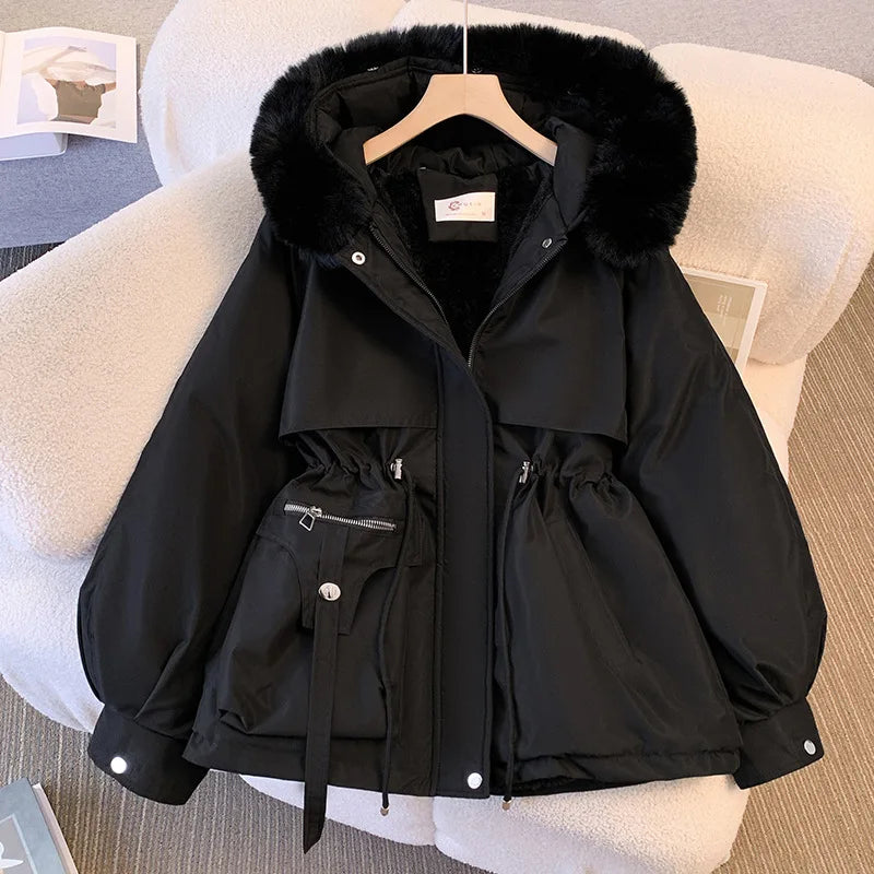 Neue frauen Baumwolle Gefütterte Plüsch Warme Mantel 2024 Herbst Winter Parkas Mantel frauen Lange Sleeve Zipper Mit Kapuze Kordelzug parkas.