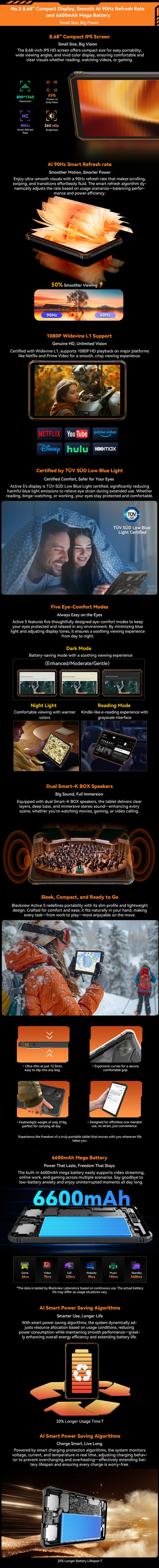 Blackview Active 5 Outdoor AI Tablet Smartphone, 8.68 ‘’ HD+ 90Hz,IP68/IP69K Waterproof Android 15, 8GB+128GB 6600mAh Battery.