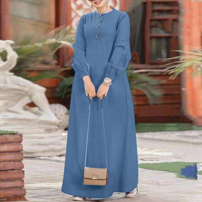 ZANZEA Muslim Women's Maxi Dress Islamic Hijab O Neck Half-Button Denim Blue Abaya Holiday Lantern Sleeve Loose Casual Vestidos