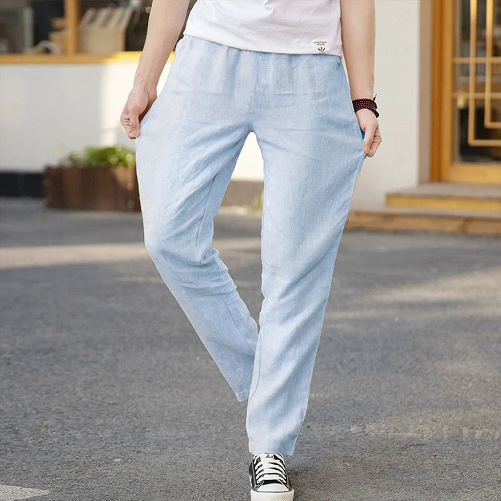 Men's Cotton Linen Pants Straight Leg Elastic Waist Lightweight Breathable Casual Simple Style Male Basic Long Pants.