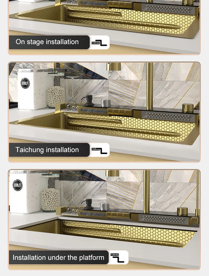 Golden Stainless Steel Waterfall Kitchen Sink Gold Embossed Extra Large Single Slot Digital Display Dishwashing Basin 100x50cm