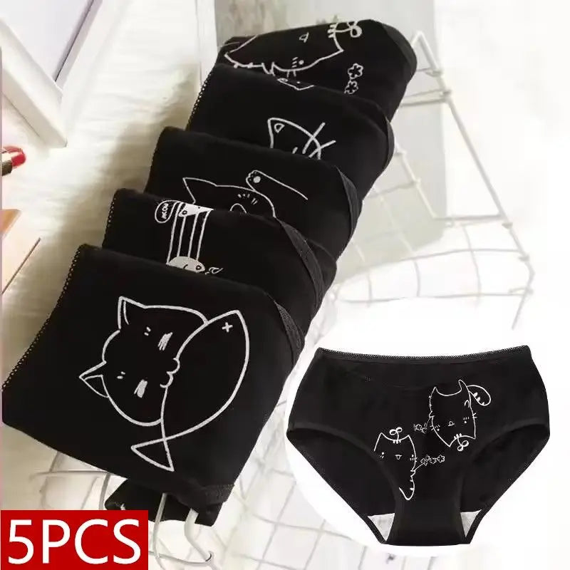 5Pcs/set Cotton Underwear Cute Cartoon Cat Panties for Woman Girl Soft Pantys Plus Size Breathable Briefs Female Sexy Lingerie.