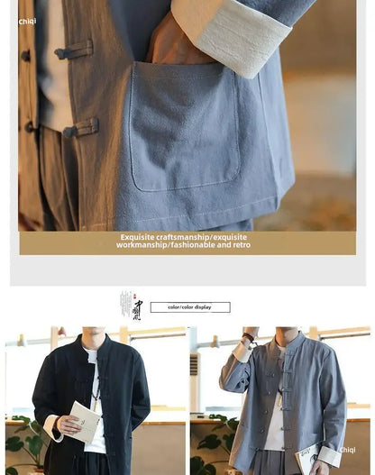 Traditional Chinese Men's Tang Suit Cotton Linen Ancient Costume Tea Servant Zen Meditation Clothing Middle Mountain Hanfu.