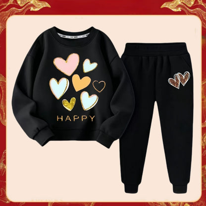 Spring Children Clothes Set Kid Girls Sweet Sweatshirts Pullover Top And Pants 2 Pieces Suit Heart Print Long Sleeve Tracksuits.