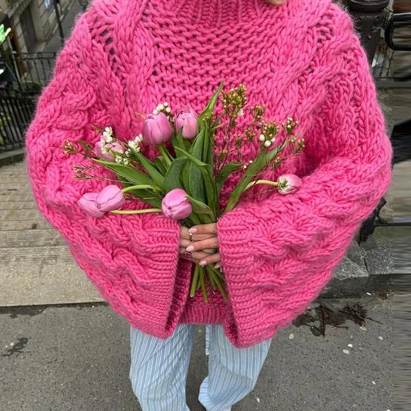 Oversize Stricken Pullover Frauen Casual Faul Rundhals Knick Solide Pullover Weibliche Herbst Winter Lose Ärmeln Strickwaren Dame.