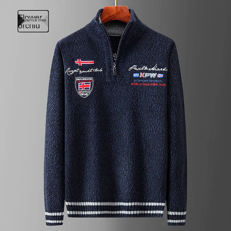 Autumn Sweater Male Shark Clothing Cotton Wool Jumpers Pullover Coats Jacquard Christmas Knitted Half Turtleneck zip.