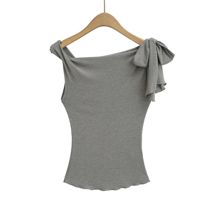 Shoulder Bared Short Sleeve T Shirt Women's Spicy Girl Design Slimming Top Summer New Style One Word Oblique Shoulder Tie Waist.