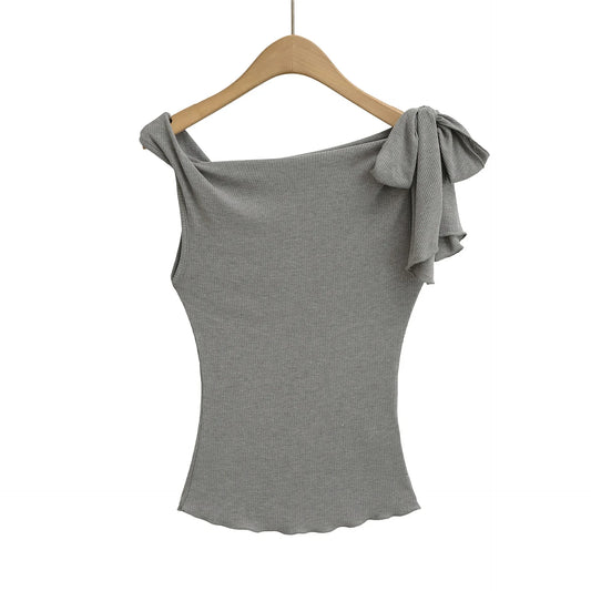 Shoulder Bared Short Sleeve T Shirt Women's Spicy Girl Design Slimming Top Summer New Style One Word Oblique Shoulder Tie Waist.