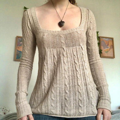 Vintage Babydoll Tops Pullover Lady Ästhetische Kokette Strickpullover Outfit Herbst Square Neck Langarm Strickwaren Pullover Y2k