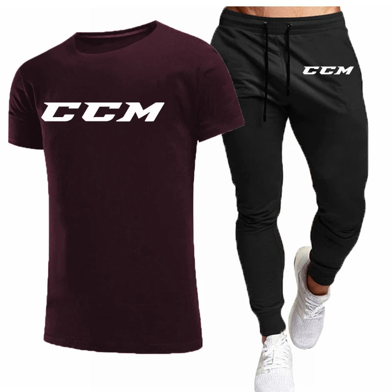 CCM New Men's Tracksuits summer men's sets fitness wear short-sleeved T-shirts+trousers set cotton brand Men's clothing.