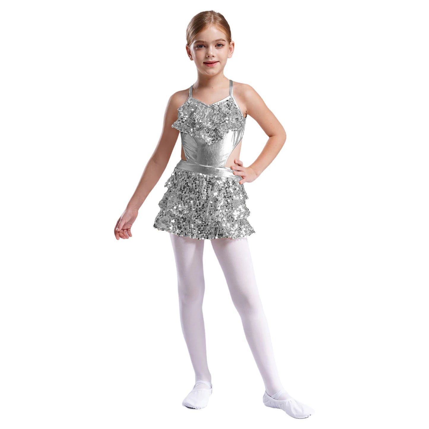 Kinder Mädchen Pailletten Jazz Ballett Tanzkleid Ärmellos Ausschnitt Tiered Rüschen Trikot Salsa Samba Rumba Skating Performance Kostüm