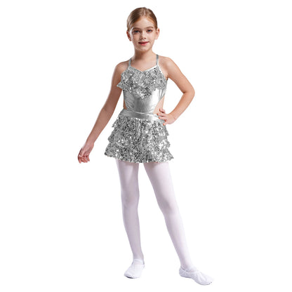 Kinder Mädchen Pailletten Jazz Ballett Tanzkleid Ärmellos Ausschnitt Tiered Rüschen Trikot Salsa Samba Rumba Skating Performance Kostüm