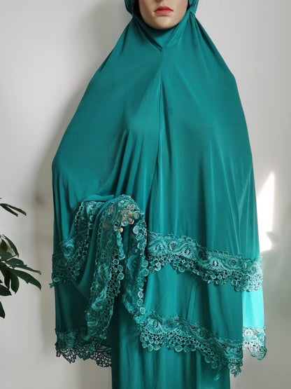 Ramadan  Long Khimar Muslim Abaya Women Prayer Garment Saudi Prayer Dress Lace Trim Silky 2 Piece Skirt Sets Eid Niqab jilbab.