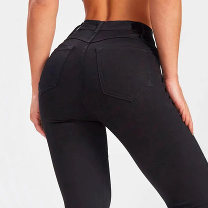 Women's Mid-Waist Slim Fit Black Denim Pants Elastic Casual Style Comfortable Cotton Long Trousers Versatile All-Season Jeans.