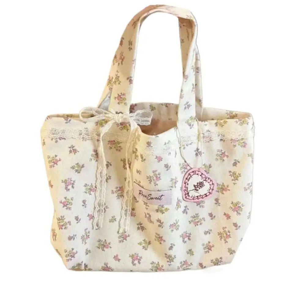 Large Capacity Printed Tote Bag Fashion Sweet with Lace Bow Storage Handbags Canvas Handbag.