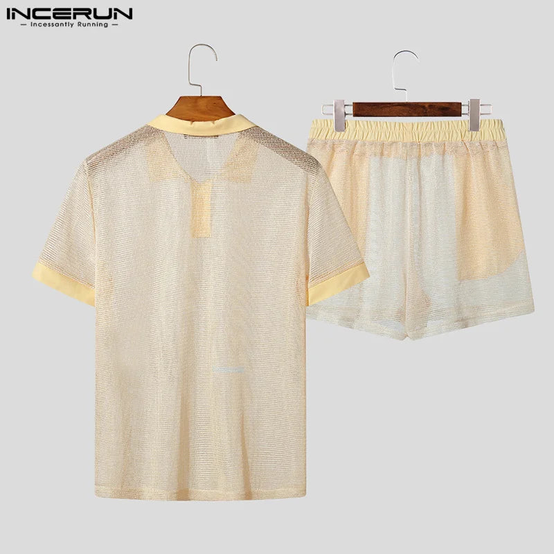 Men Short Sets Fashion Hollow Out INCERUN Two-piece Suits  Men's Sets Streetwear Short Sleeve Tops Shorts Men's Clothing Summer.