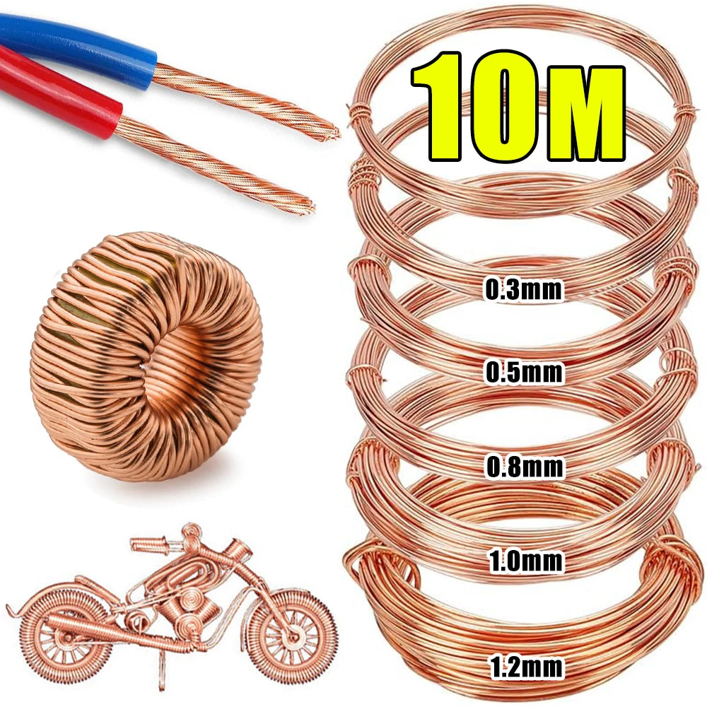 10M T2 Pure Copper Wire Round Coil Conductive Bare Copper Cable Wires for Electric Wire DIY Craft 0.3/0.5/0.8/1/1.2mm.