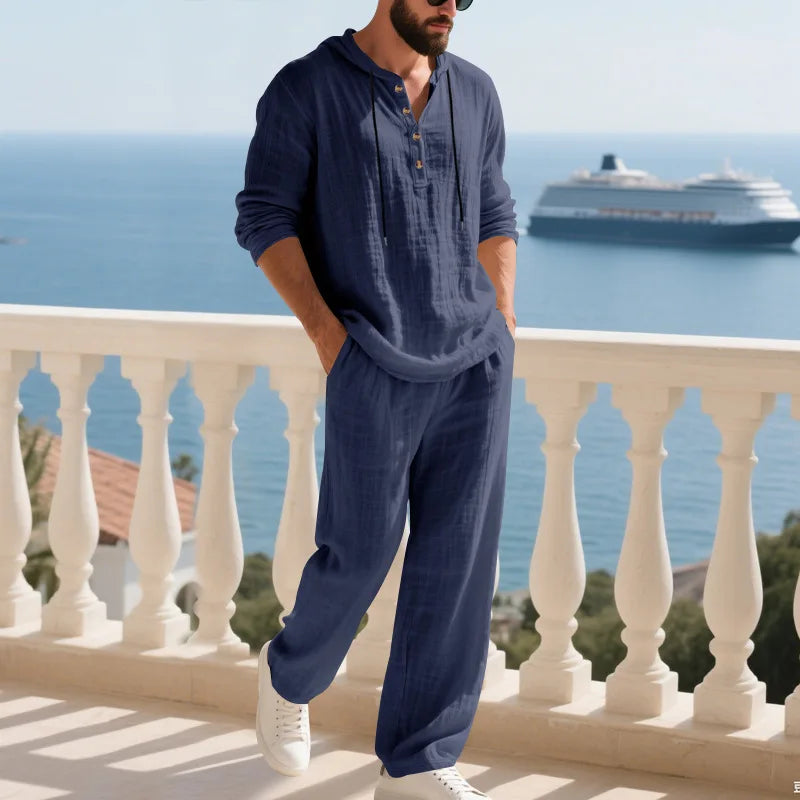 Cross-border Autumn Linen Men's Casual Suit Loose Hooded Henley Shirt Long Sleeve Pants Suit.