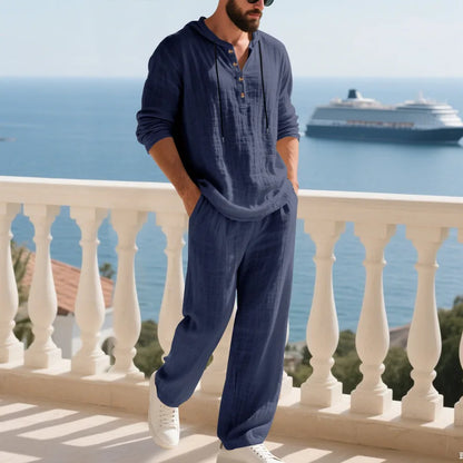 Cross-border Autumn Linen Men's Casual Suit Loose Hooded Henley Shirt Long Sleeve Pants Suit.