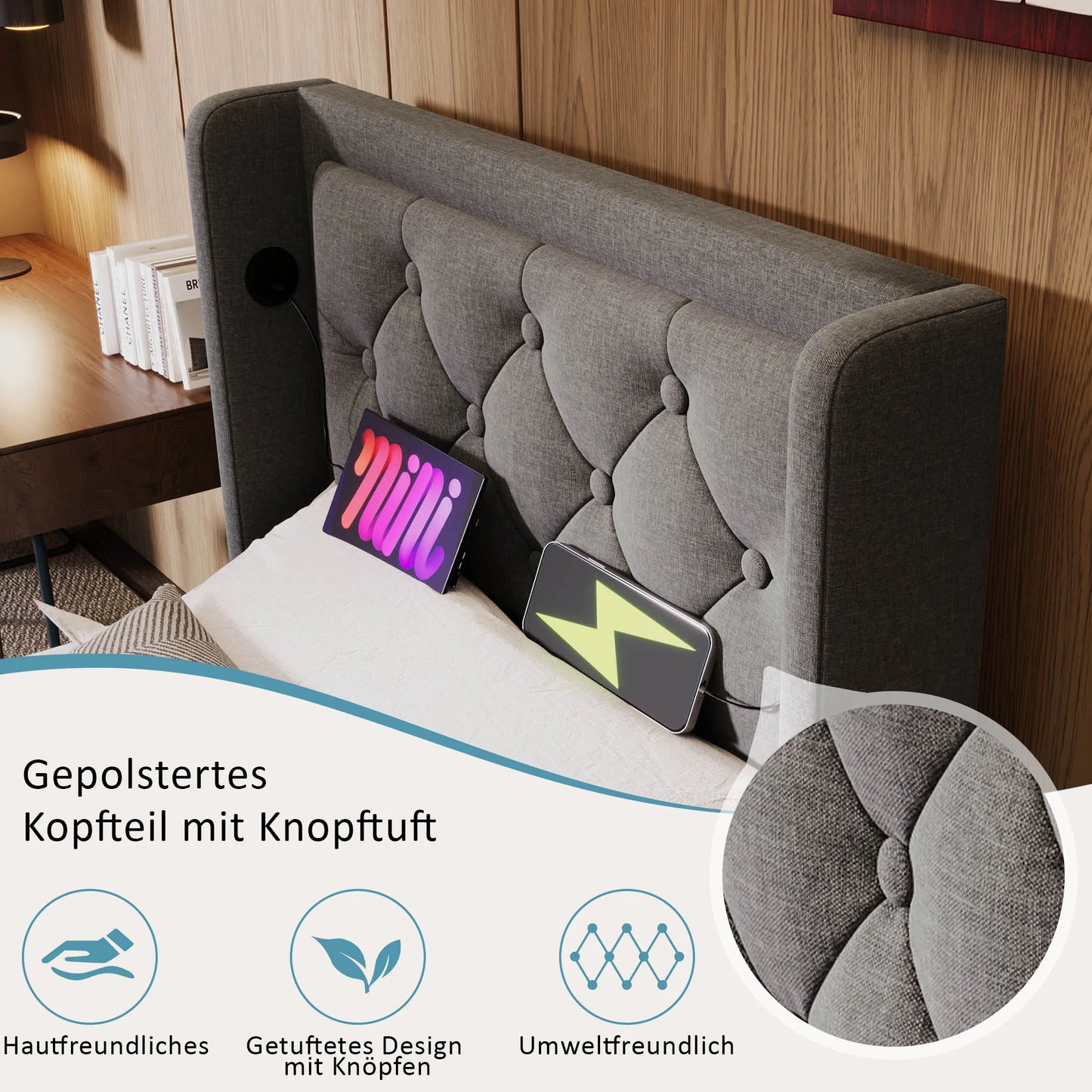 Gepolstertes Einzelbett 90x200 cm, graue Baumwolle, USB-C-Aufladung, 3-seitige LED (keine Matratze)