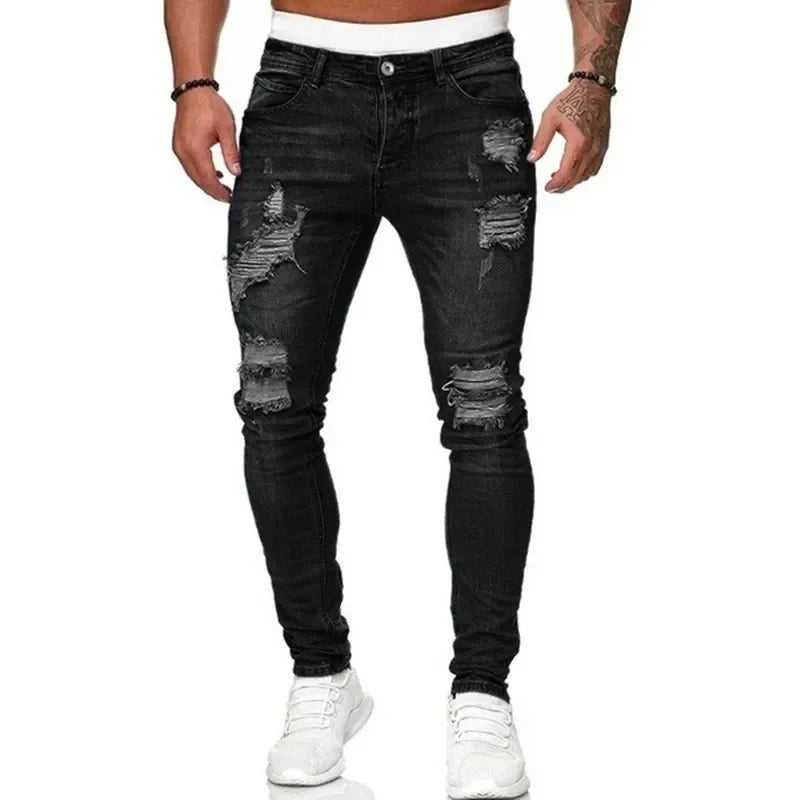 Fashion Street Style Ripped Skinny Jeans Men Vintage wash Solid Denim Trouser Mens Casual Slim fit pencil denim Pants hot sale.