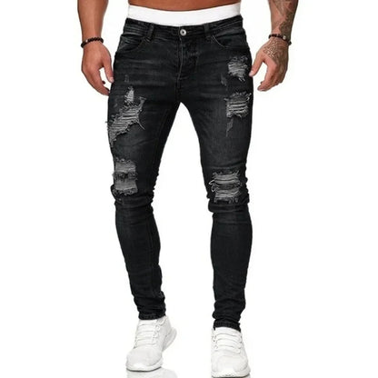 Fashion Street Style Ripped Skinny Jeans Men Vintage wash Solid Denim Trouser Mens Casual Slim fit pencil denim Pants hot sale.