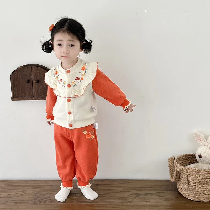 Kawaii Baby Mädchen Kleidung Pilz Sets Herbst Infant Rüschen Kragen Langarm Top Hosen Zwei-Stück Neugeborenen Baumwolle Outfit.