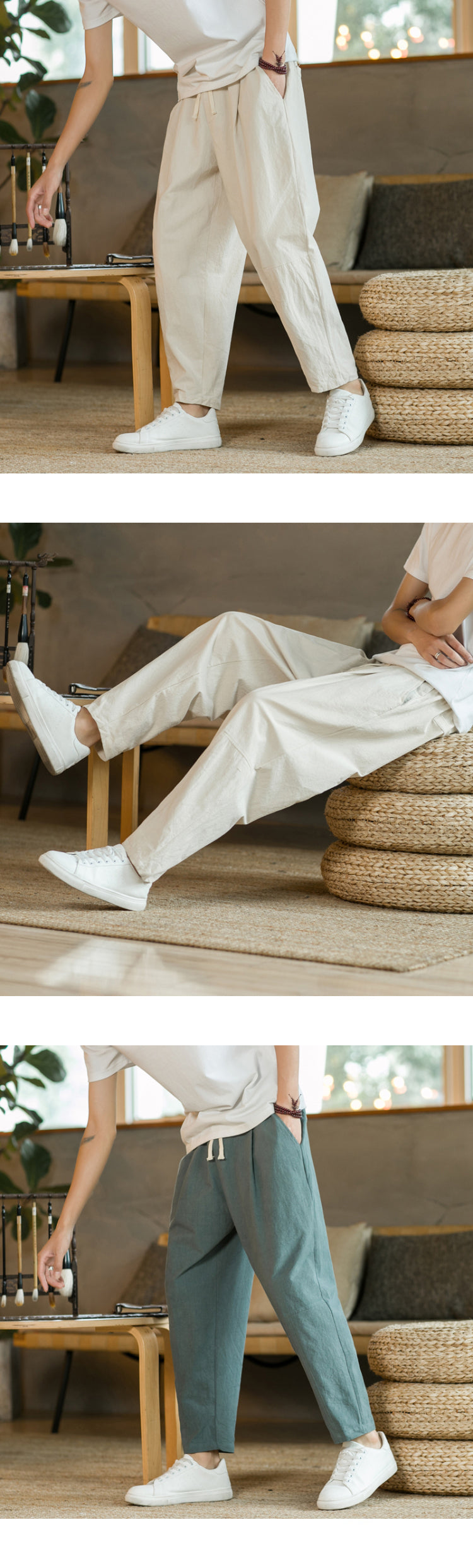 Men's Trousers Cotton Linen Fashion Casual Pants Solid Color Breathable Loose Shorts Straight Drawstring Pants Streetwear Men.