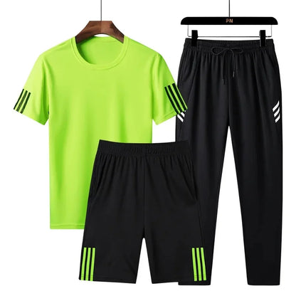 Summer Casual Sports Men's Short Sleeve T-Shirt plus Size Three-Piece Set New Style Long Pants Comfortable Breathable Clothing.
