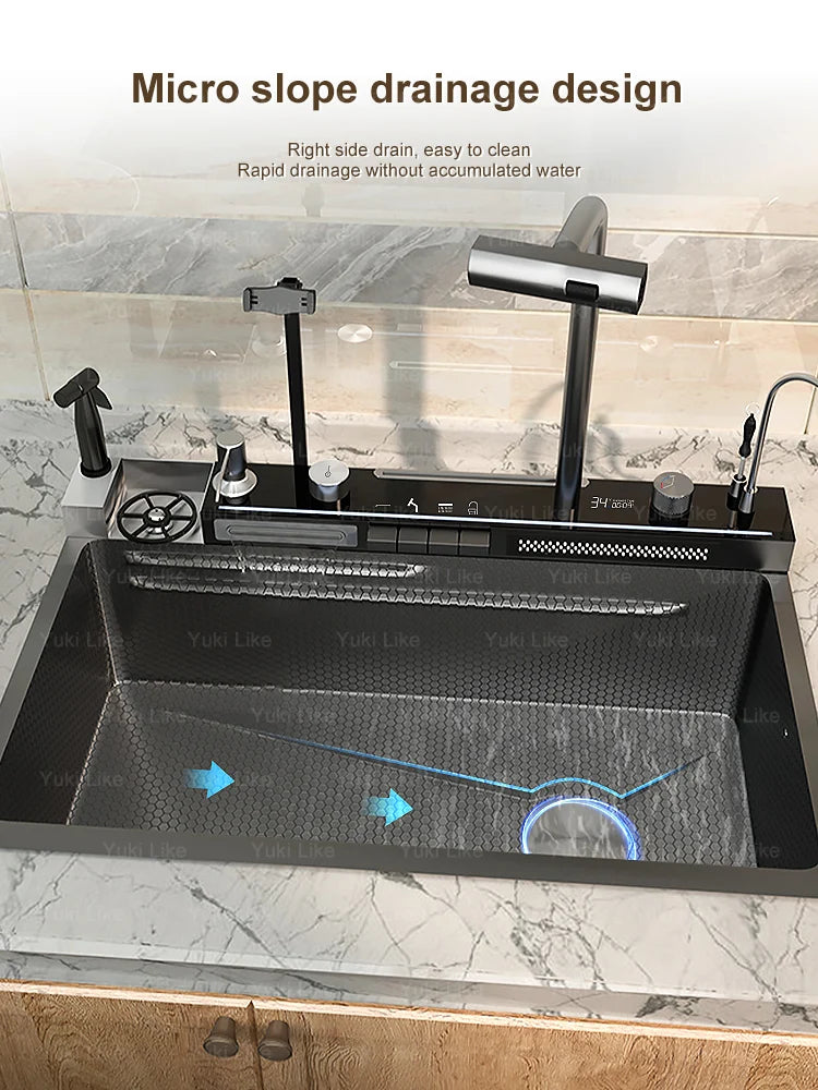 Stainless Steel Kitchen Sink Multifunctional Piano Button Waterfall Spout Faucet Digital Display Screen Dishwashing Basin