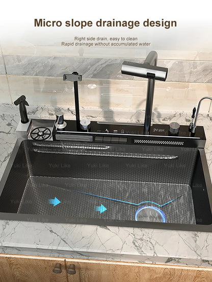 Stainless Steel Kitchen Sink Multifunctional Piano Button Waterfall Spout Faucet Digital Display Screen Dishwashing Basin