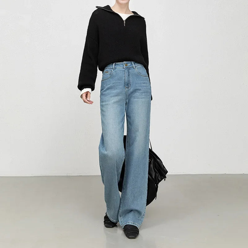 High Waist Straight Leg Jeans Women's Fashionable Denim Wide Leg Pants Slimming Narrow Version Floor-Length Autumn New Arrival.