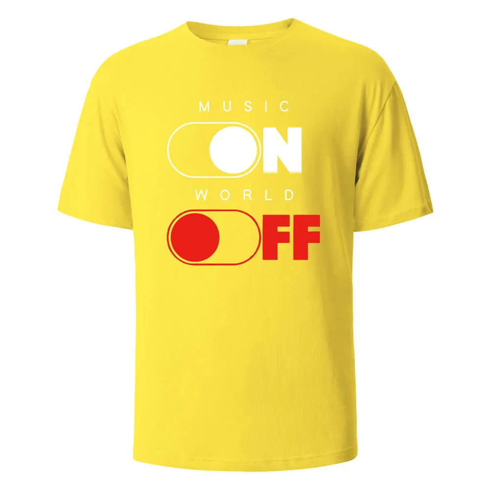 Music On World Off Graphic Printed Men's T-Shirts 100% Cotton Breathable Comfortable Tops For Men Summer Oversize Men Clothing.