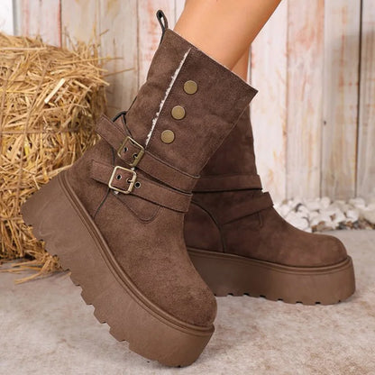 Brown Chunky Platform Women's Snow Boots Winter Retro Button Buckle Detor Snow Boots Woman Faux Suede Keep Warm Botas Mujer.