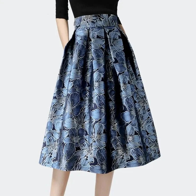 Blue Floral Print Vintage High Waist Ball Gown A-line Loose Women's Skirt Knee-Length Long Skirts For Women Clothing Fashion.