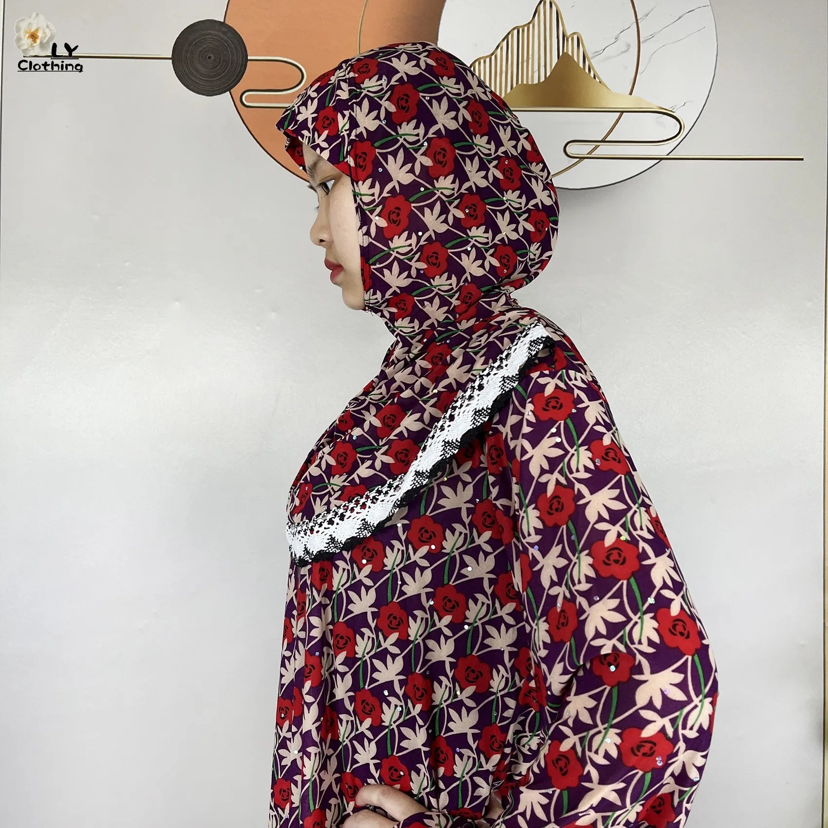 Muslim Ramadan Prayer For Women Long Sleeved Floral 2023Dubai Turkey Middle East Femme Loose Robe African Abayas Headscarf Dress.