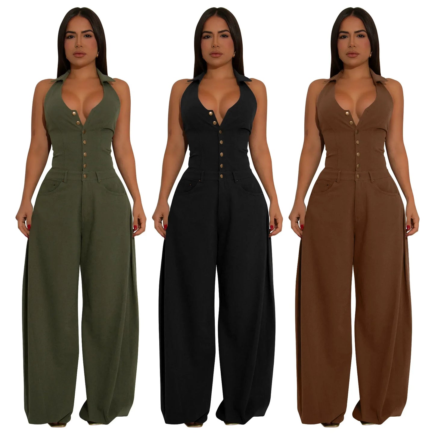 Fashionable Backless Casual Romper with Pockets for Women Summer Breathable Lightweight Solid Color One-Piece Suit.