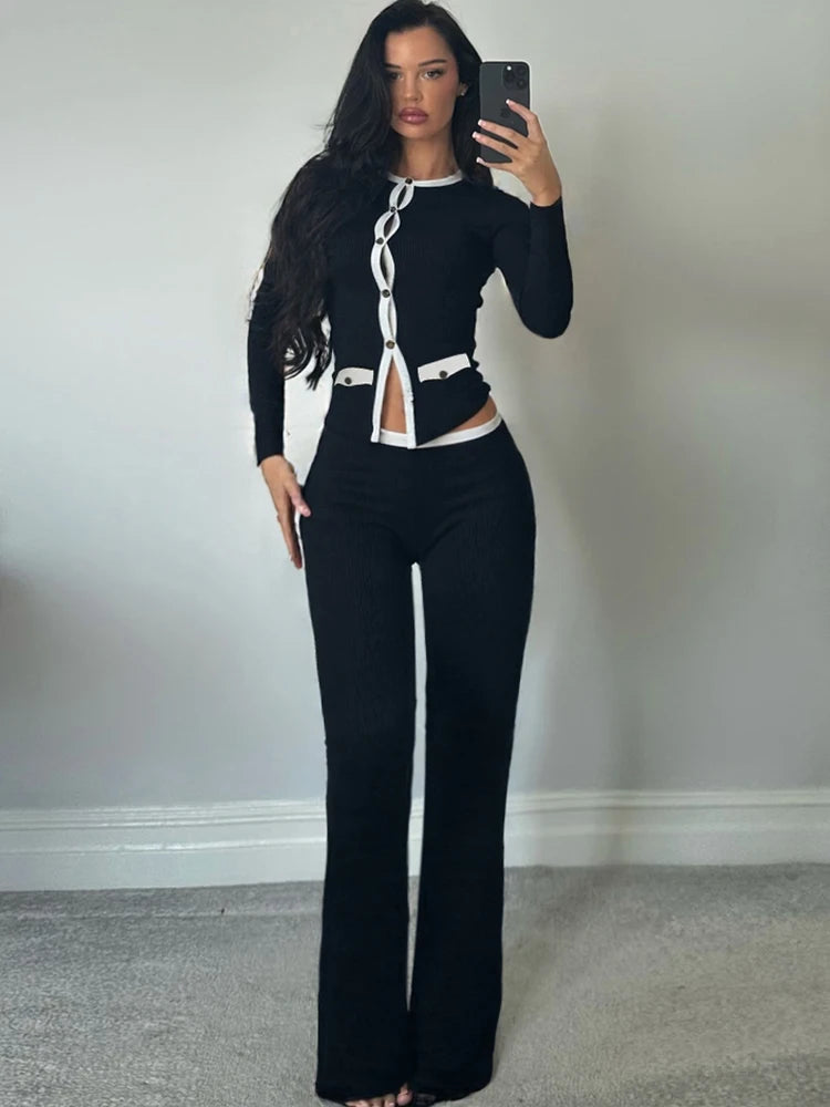Sisterlinda Classic Street 2 Piece Set Autumn Daily Panelled Trim Full Sleeve Single Breasted Tops+Slim Pants Female Casual Suit.