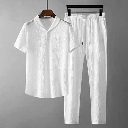 Summer Lightweight Pleated Cotton Casual Sports Set Men's Thin Comfortable Breathable Fashionable Collar Short Sleeve Two-Piece
