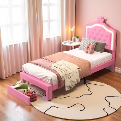 Rosahqnda Kinderbett, gepolsterter Bettrahmen, Krone, Kopfteil, Schubladenschrank, verstellbare Kopfteil-Lederoberfläche
