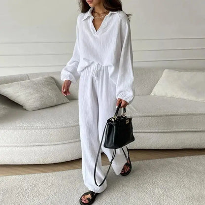 Women's Suit Solid Color Casual Loose 2025 Elegant Spring And Summer Fashion New Long-sleeved Lapel Top + Drawstring Pants Suit.