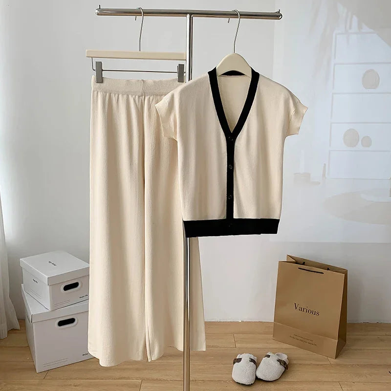 Fashion Knitted 2 Pieces Sets Women V-Neck Single Breasted Cardigan+High Waist Wide Leg Long Pants 2024 New Solid Sweater Suits.