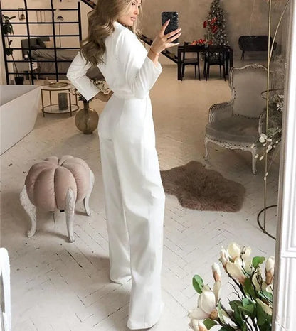 Women Jumpsuits Long Sleeve V Neck Rompers Overalls One Piece Wide Leg Pants Slight Strech Office Lady Solid New Chinese.