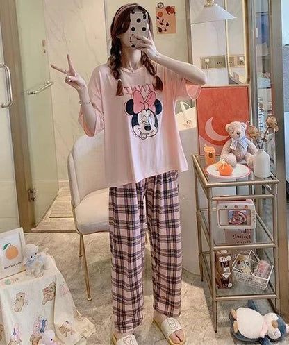 Sommer Pooh Bär Nachtwäsche frauen Lose Bequeme Cartoon Print Hause Kleidung Set Kurzarm Nachthemd Mickey Pyjama Set.