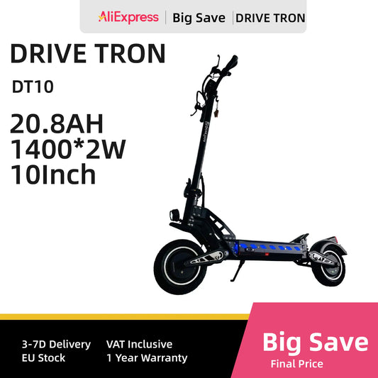 DriveTron DT10 Dual Electric E-Scooter 1400*2W Peak Power 48V20.8AH Battery 10‘’ City Tire Adult Electric Scooter.